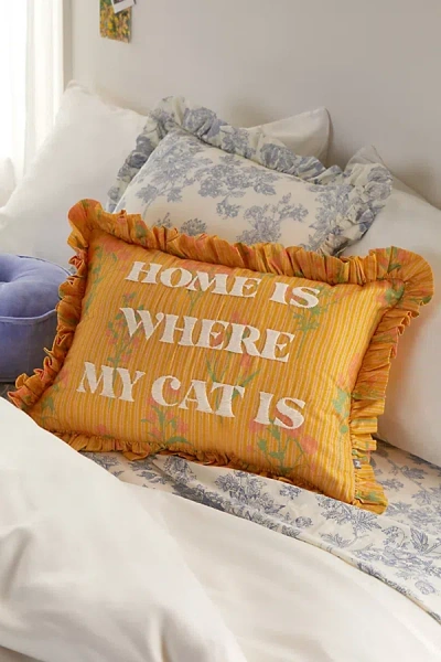 Urban Outfitters Text Ruffle Bolster Pillow In Home Is Where My Cat Is At  In Yellow