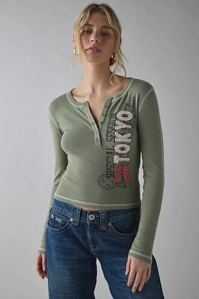 Urban Outfitters Tokyo Applique Graphic Long Sleeve Henley Tee In Green, Women's At