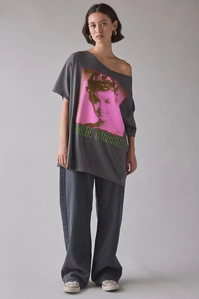 Urban Outfitters Twin Peaks Graphic Off-the-shoulder T-shirt Dress In Charcoal, Women's At  In Black