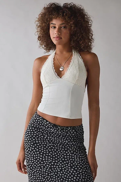 Urban Outfitters Uo Luna Mixed Lace Trim Plunge Halter Top In Ivory, Women's At  In White