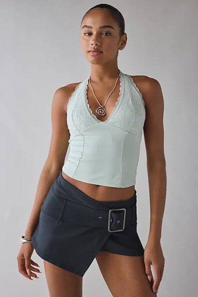 Urban Outfitters Uo Luna Mixed Lace Trim Plunge Halter Top In Mint, Women's At  In Green