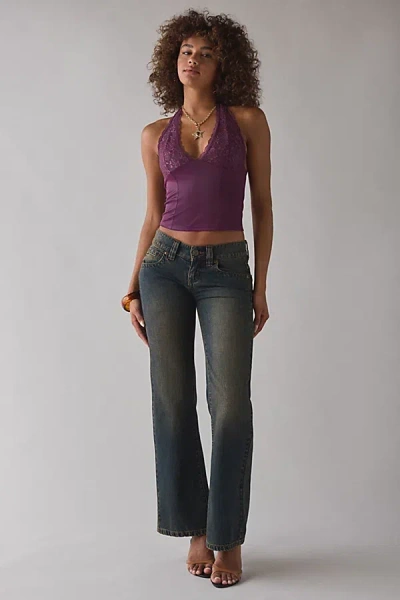 Urban Outfitters Uo Luna Mixed Lace Trim Plunge Halter Top In Plum, Women's At  In Purple