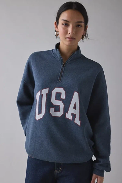Urban Outfitters Usa Graphic Oversized 1/4 Zip Fleece Pullover Top In Navy, Women's At  In Blue