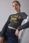 Urban Outfitters Varsity Sports Graphic Boatneck Long Sleeve Slim Tee In Black, Women's At  In Blue