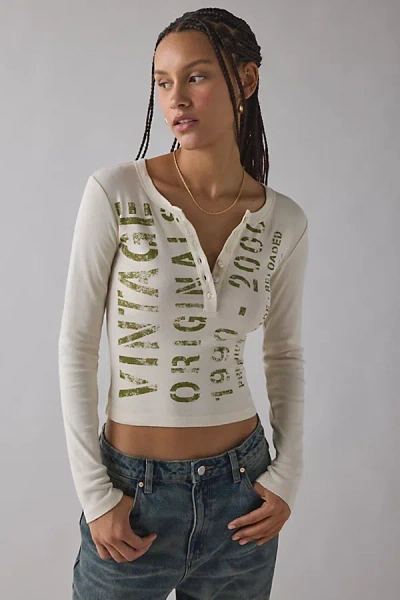 Urban Outfitters Vintage Stencil Graphic Long Sleeve Henley Tee In Neutral, Women's At