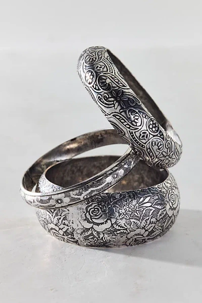 Urban Outfitters Wanderers Embossed Metal Boho Bangle Bracelet Set In Silver, Women's At  In Metallic
