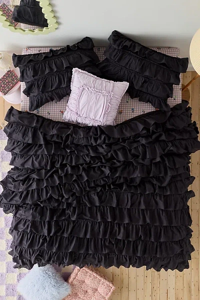 Urban Outfitters Waterfall Ruffle Cotton Voile Duvet Cover In Obsidian At  In Black