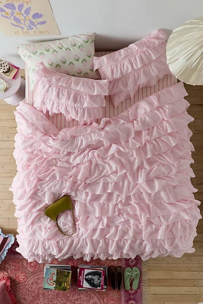 Urban Outfitters Waterfall Ruffle Cotton Voile Duvet Cover In Pink At