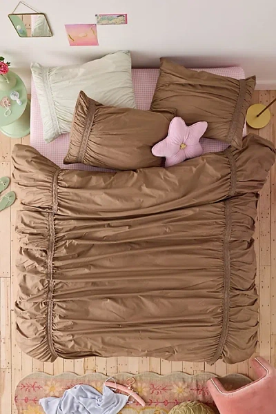 Urban Outfitters Willow Eyelet Ruched Cotton Percale Duvet Cover In Caribou At