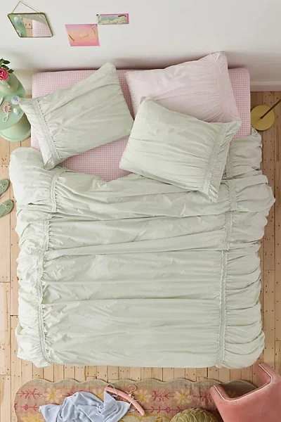 Urban Outfitters Willow Eyelet Ruched Cotton Percale Duvet Cover In Green Tint At