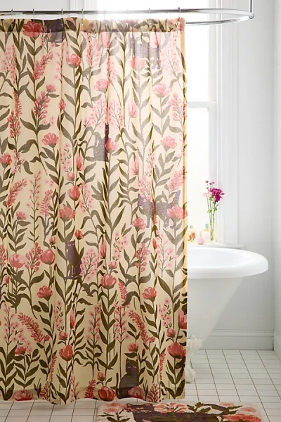 Urban Outfitters Wren Cat Greenery Patterned Shower Curtain In Peach At  In Neutral
