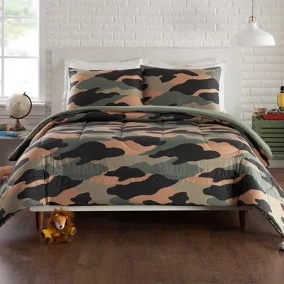 Urban Playground Camouflage Soft Easy Care Reversible Microfiber Comforter Set In Green;gray
