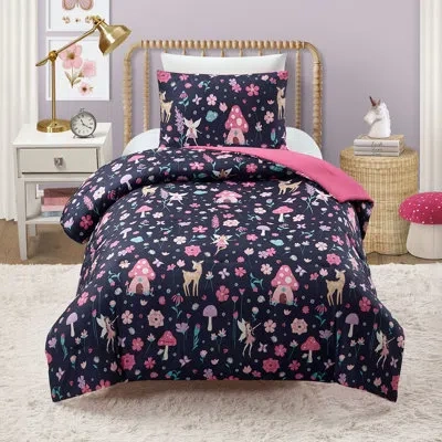 Urban Playground Fairy Garden Reversible Comforter Set In Pink;navy