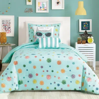 Urban Playground Raining Pom Poms Turquoise Comforter Set With 2 Decorative Pillows