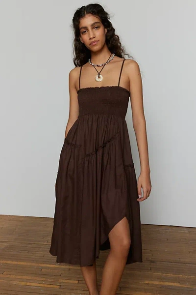 Urban Renewal Ecovero️ Linen Asymmetrical Smocked Midi Dress In Brown At Urban Outfitters