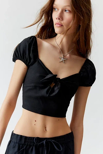 Urban Renewal Ecovero️ Linen Cropped Tie-front Blouse In Black, Women's At Urban Outfitters