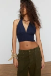 Urban Renewal Made In La Ecovero️ Linen Smocked Halter Top In Navy At Urban Outfitters