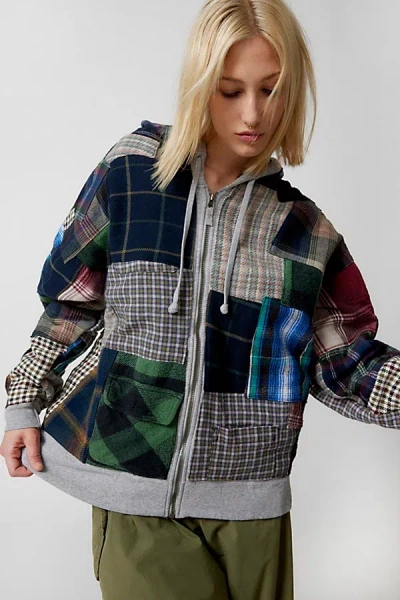 Urban Renewal Re/creative Remade Heavy Flannel Patchwork Zip Hoodie Sweatshirt In Grey, Women's At Urban Outfitter