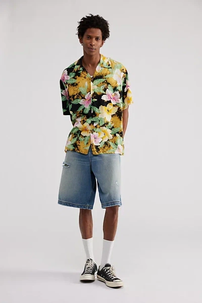 Urban Renewal Remade Bleached Tropical Button-down Shirt In Black, Men's At Urban Outfitters