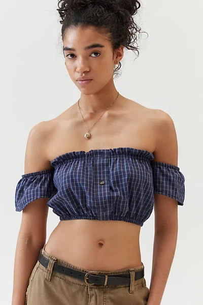 Urban Renewal Remade Checkered Off-the-shoulder Cropped Top In Blue, Women's At Urban Outfitters