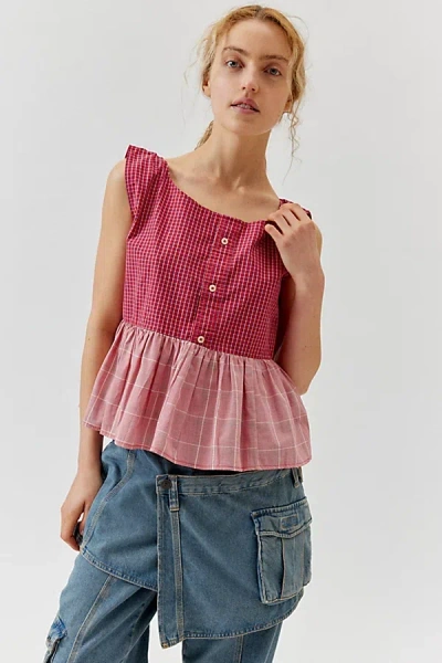 Urban Renewal Remade Checkered Peplum Top In Red, Women's At Urban Outfitters