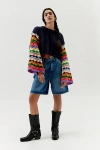 URBAN RENEWAL REMADE CROCHET BELL SLEEVE CROPPED SWEATER IN NAVY, WOMEN'S AT URBAN OUTFITTERS