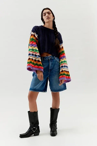 Urban Renewal Remade Crochet Bell Sleeve Cropped Sweater In Navy, Women's At Urban Outfitters