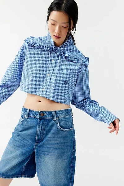 Urban Renewal Remade Cropped Checkered Top In Blue, Women's At Urban Outfitters