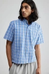 URBAN RENEWAL REMADE CROPPED SHORT SLEEVE CHECKERED SHIRT IN COOL TONES, MEN'S AT URBAN OUTFITTERS