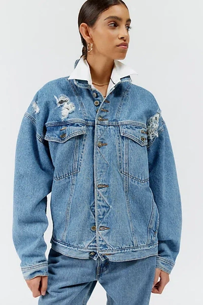 Urban Renewal Remade Destroyed Denim Jacket In Vintage Denim Medium, Women's At Urban Outfitters