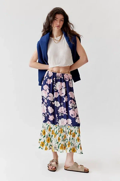 Urban Renewal Remade Floral Spliced Ruffle Hem Maxi Skirt In Floral, Women's At Urban Outfitters In Multi