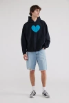 URBAN RENEWAL REMADE HEART PATCH HOODIE SWEATSHIRT IN BLACK/BLUE, MEN'S AT URBAN OUTFITTERS