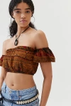Urban Renewal Remade Overdyed Gauze Off-the-shoulder Cropped Top In Gold, Women's At Urban Outfitters