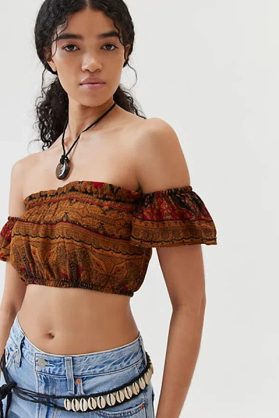 Urban Renewal Remade Overdyed Gauze Off-the-shoulder Cropped Top In Gold, Women's At Urban Outfitters