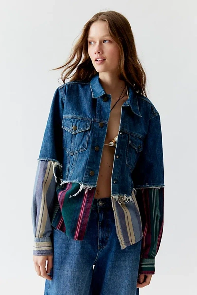 Urban Renewal Remade Stripe Spliced Denim Jacket In Vintage Denim Medium, Women's At Urban Outfitters