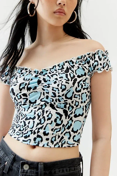Urban Renewal Remnants Cheetah Print Off-the Shoulder Cropped Top In Blue, Women's At Urban Outfitters In White