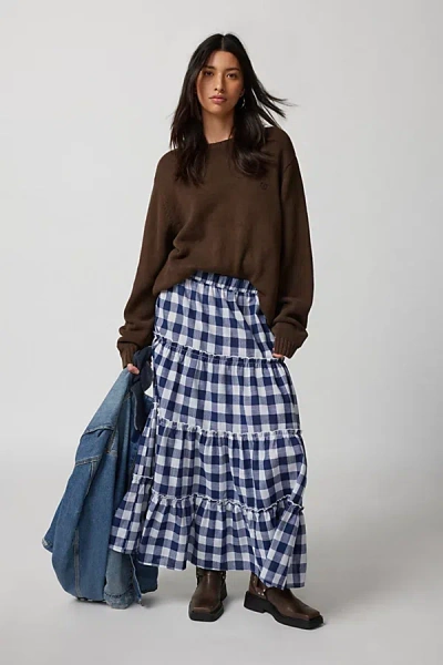 Urban Renewal Remnants Gingham Tiered Maxi Skirt In Blue, Women's At Urban Outfitters