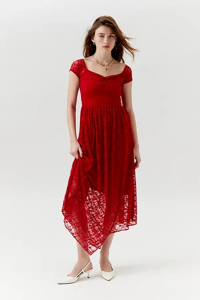 Urban Renewal Remnants Lace Cap Sleeve Asymmetric Maxi Dress In Red At Urban Outfitters