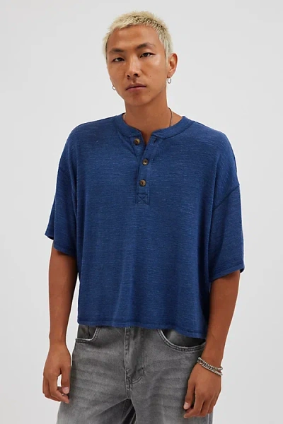 Urban Renewal Remnants Made In La Wide Cropped Henley Tee In Blue, Men's At Urban Outfitters