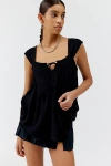 Urban Renewal Remnants Slub Linen Cap Sleeve Blouse In Black, Women's At Urban Outfitters