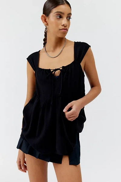 Urban Renewal Remnants Slub Linen Cap Sleeve Blouse In Black, Women's At Urban Outfitters In Black