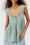 Urban Renewal Remnants Slub Linen Cap Sleeve Blouse In Green, Women's At Urban Outfitters In Green