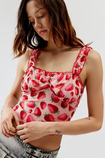 Urban Renewal Remnants Strawberry Ruffle Cropped Tank Top In Pink, Women's At Urban Outfitters