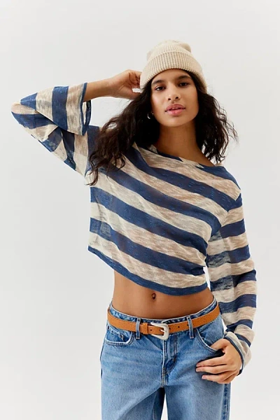 Urban Renewal Remnants Wide Stripe Loose Knit Silky Long Sleeve Tee In Navy, Women's At Urban Outfitters