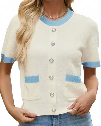 Urban Revivo Short Sleeve Crewneck Cardigan In Cream/blue In Multi