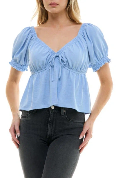 Urban Social Tie Neck Puff Sleeve Babydoll Top In Sky Blue