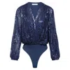 Urban Touch Women's Blue Sequin Wrap Bodysuit With Long Sleeve Navy In Blue