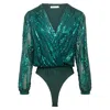 Urban Touch Women's Sequin Wrap Bodysuit With Long Sleeve Green In Green