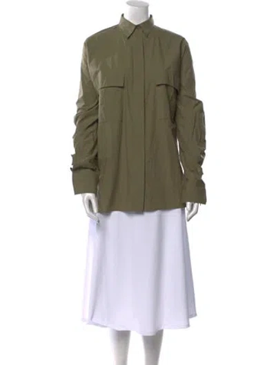 Pre-owned Urban Zen Mock Neck Long Sleeve Button-up Top In Green