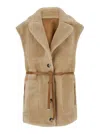 Urbancode Beige Single-breasted Sleeveless Shearling Jacket Wirh Notched Revers In Ecofur In Brown